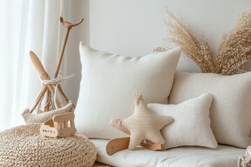 Poster - Cozy pastel nursery corner featuring wooden toys and soft pillows in a serene indoor setting