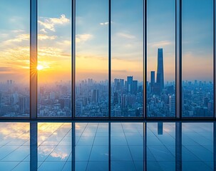 Poster - Cityscape Sunset Reflection in Glass Window. Urban Skyline Modern Architecture and Business District View : Generative AI