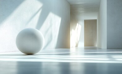 Poster - Minimalist Architecture White Sphere in Sunlit Hallway with Long Perspective and Clean Aesthetic : Generative AI