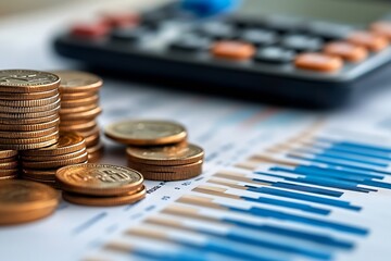 Aufkleber - Financial Growth Concept Stack of Coins with Rising Chart and Calculator Business Investment and Accounting Visualization : Generative AI