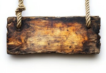 Poster - Rustic Wooden Sign with Rope Hangers Against White Background for Natural Texture and Vintage Appeal : Generative AI
