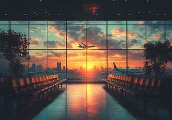 Poster - Airport Terminal at Sunset with Plane Taking Off Dramatic Sky and Urban Cityscape Business Travel and Modern Architecture : Generative AI
