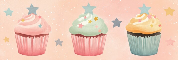 Aufkleber - Colorful cupcakes with star toppings on soft pastel background create a delightful treat for any celebration or party event