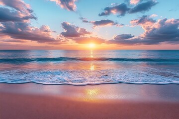 Aufkleber - Breathtaking Ocean Sunset with Pastel Clouds and Golden Reflections on the Water Serene Beach Landscape : Generative AI