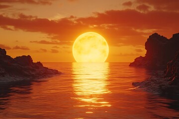 Aufkleber - Orange Sunset Over the Ocean with Rocky Shoreline Scenic Seascape Dramatic Sky Tranquil Water Reflection Nature Beauty Sea View : Generative AI