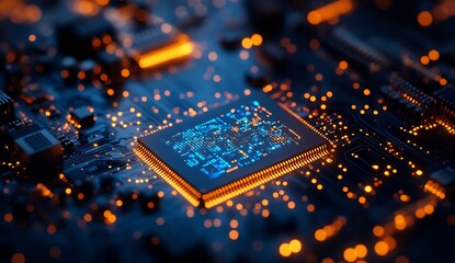 Fototapete - Futuristic microprocessor close up image displaying vibrant patterns of light and advanced circuit designs : Generative AI
