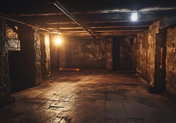 Aufkleber - Illuminated Underground Space with Old Stone Walls and Bright Utility Lighting Setting a Dramatic Scene : Generative AI