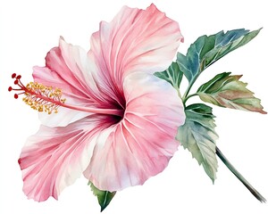 Poster - Charming Watercolor Depiction of a Hibiscus Flower Mixing Shades of Pink and White : Generative AI