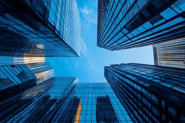 Aufkleber - Abstract Architecture Looking Up at Modern Glass Skyscrapers Against Clear Blue Sky in Cityscape : Generative AI