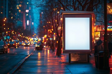 Aufkleber - Blank Billboard Advertising Mockup in a Cityscape at Night on a Wet Sidewalk Perfect for Ad Campaigns : Generative AI