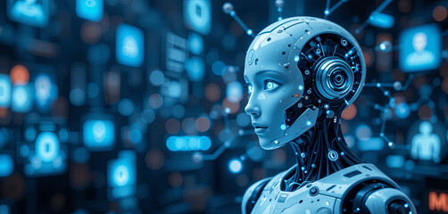 A humanoid robot stands in a vibrant digital landscape filled with illuminated data displays and technology visuals