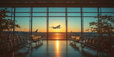Poster - Airplane Takes Off at Golden Hour from Airport Terminal Waiting Area with Warm Light and Large Windows : Generative AI