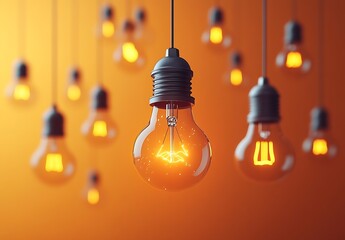 Aufkleber - Creative Idea Conceptual Image with Vintage Style Light Bulbs Hanging in Warm Orange Tones and Filament : Generative AI