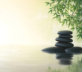 Fototapete - Zen Stones Stacked on Water Surface with Bamboo Leaves Serene Spa Meditation Wellness Beauty Tranquility and Peace : Generative AI