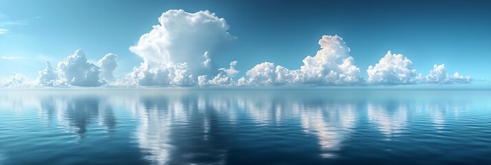 Fototapete - Serene Ocean Panorama with White Clouds Reflections on Calm Water Peaceful Seascape Scenic Vista Nature Background : Generative AI