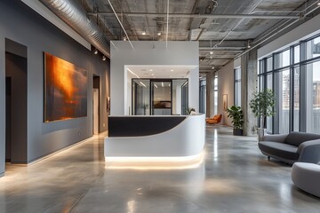 Leinwandbilder - Modern Office Reception Area with Sleek Design and Concrete Accents Professional Corporate Space Photography : Generative AI