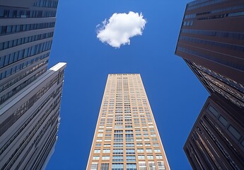 Poster - Impressive towering skyscrapers reaching towards the blue sky with a fluffy cloud above : Generative AI