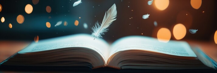 Poster - Delicate feather floats gracefully above an open storybook, creating a magical and dreamy atmosphere