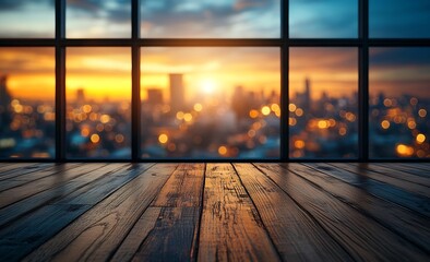 Leinwandbilder - City Sunset View Through Window with Wooden Floor and Warm Lighting Creating Cozy Atmosphere : Generative AI