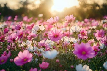 Aufkleber - Blooming Cosmos Flower Field with Sunlight Pink and White Flowers in Meadow Summer Floral Landscape Botanical Photography : Generative AI