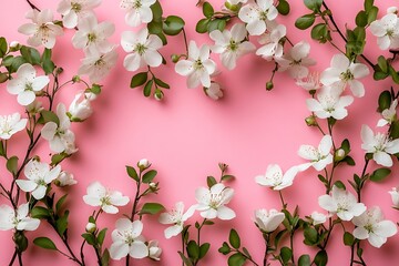 Aufkleber - Delicate White Blossoms and Green Leaves Frame Soft Pink Background Perfect for Springtime Greetings or Gentle Floral Design Projects : Generative AI