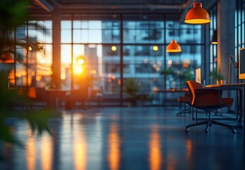 Aufkleber - Modern Open Office Space with Sunset View and Warm Lighting Design for Creative Work Environment : Generative AI