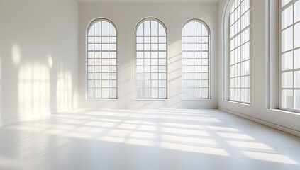 Poster - Sunlit Empty Room with Arched Windows and White Walls Ideal for Interior Design Photography or Showcasing Furniture : Generative AI