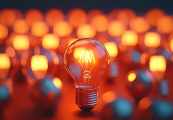 Poster - Bright Idea Clear Lightbulb Shining Amongst a Crowd of Dim Bulbs Sparking Innovation and Creativity Concept : Generative AI