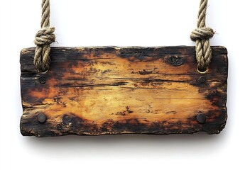 Aufkleber - Rustic Wood Sign Hanging by Rope Blank Wooden Plank for Text Distressed Texture Weathered Surface Isolated White Background : Generative AI