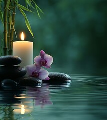 Aufkleber - Charming and tranquil arrangement with glowing candle rocks and delicate orchids by the water : Generative AI