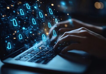Fototapete - Cybersecurity Concept Laptop with Digital Locks Data Protection Online Security Privacy Encryption Technology Background : Generative AI