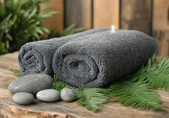 Aufkleber - Rolled Gray Spa Towels with Ferns and Stones on Wooden Table for Relaxing Wellness in Nature Concept Close Up : Generative AI