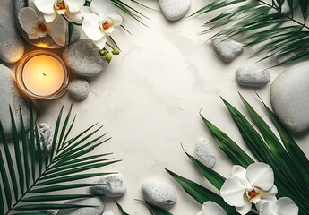 Fototapete - Zen Spa Still Life Orchid Blooms Smooth Stones Palm Leaves and Glowing Candle for Tranquil Wellness Backdrop : Generative AI