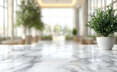 Poster - Marble Tabletop with Green Plant in Modern Lobby Interior Design Spacious Hall with Natural Light and Potted Trees : Generative AI
