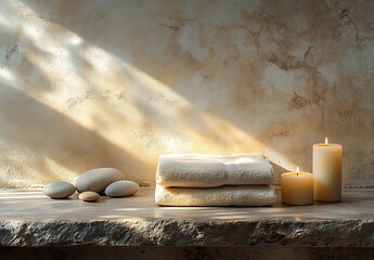 Leinwandbilder - Serene Spa Scene with Rolled Towels Smooth Stones and Lit Candles Relaxation and Wellness Photography : Generative AI