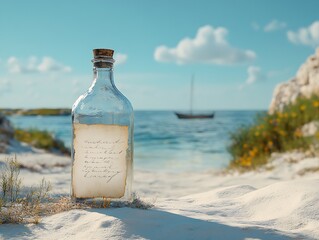 Aufkleber - Glass bottle with a message on the beach with serene water and soft clouds in the background : Generative AI