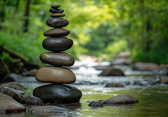 Poster - Zen Stone Cairn Harmony Balancing Rocks in Nature's Serene River Landscape for Peace and Meditation : Generative AI