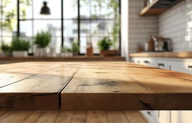 Aufkleber - Rustic Kitchen Interior with Wood Table and Modern Design Elements Natural Light and Cozy Atmosphere Home Decor Photography : Generative AI