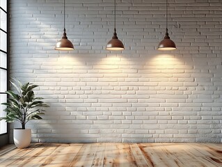 Poster - Modern Interior Scene with White Brick Wall Potted Plant and Pendant Lights for Interior Design Inspiration : Generative AI