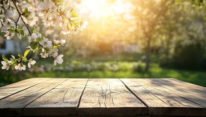 Aufkleber - Beautiful sunlight filtering through blooming branches creating an inviting atmosphere on a wooden table : Generative AI