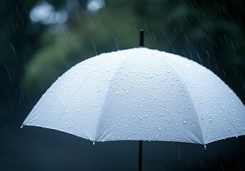 Fototapete - Close view of a white umbrella with water droplets during a gentle rain : Generative AI