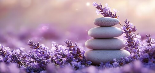 Leinwandbilder - Tranquil Lavender Flowers with Stacked Stones in Warm Sunset Glow : Generative AI