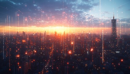 Leinwandbilder - Futuristic Cityscape at Sunset with Digital Network Connections and Glowing Data Streams innovation future tech urban skyline : Generative AI