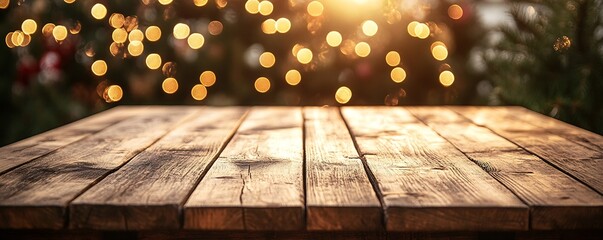 Poster - Rustic Wooden Tabletop with Bokeh Lights Background Perfect for Product Mockups Displays and Festive Holiday Promotions : Generative AI