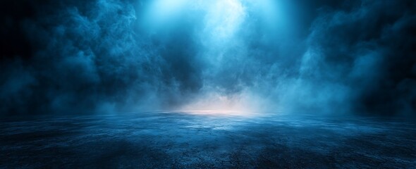 Poster - Dramatic Blue Foggy Stage Background with Spotlight on Dark Floor Mysterious Ambiance and Moody Lighting : Generative AI