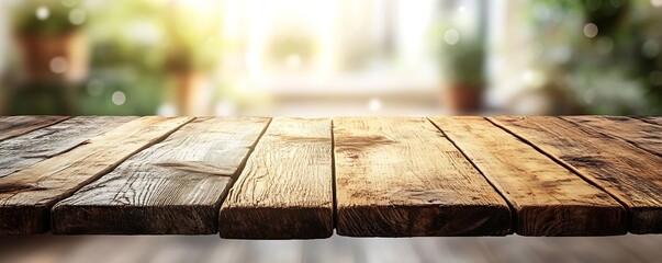Poster - Rustic Wooden Table Top with Blurred Green Garden Background Perfect for Product Display and Spring or Summer Themes : Generative AI