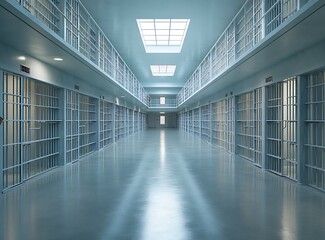 Leinwandbilder - Serene Jail Corridor with Softly Lit Prison Bars and Skylights Above : Generative AI
