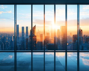 Poster - City Skyline Sunrise From Office Window With Reflective Floor And Modern Architecture View : Generative AI