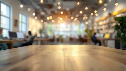 Aufkleber - Bright Open Office Space with Wood Table Bokeh Lights and Window Views for Teamwork and Creative Collaboration : Generative AI