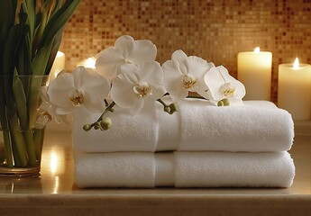 Poster - Luxurious Spa Scene with White Orchids Fluffy Towels and Candlelight for Relaxation and Wellbeing at Home : Generative AI